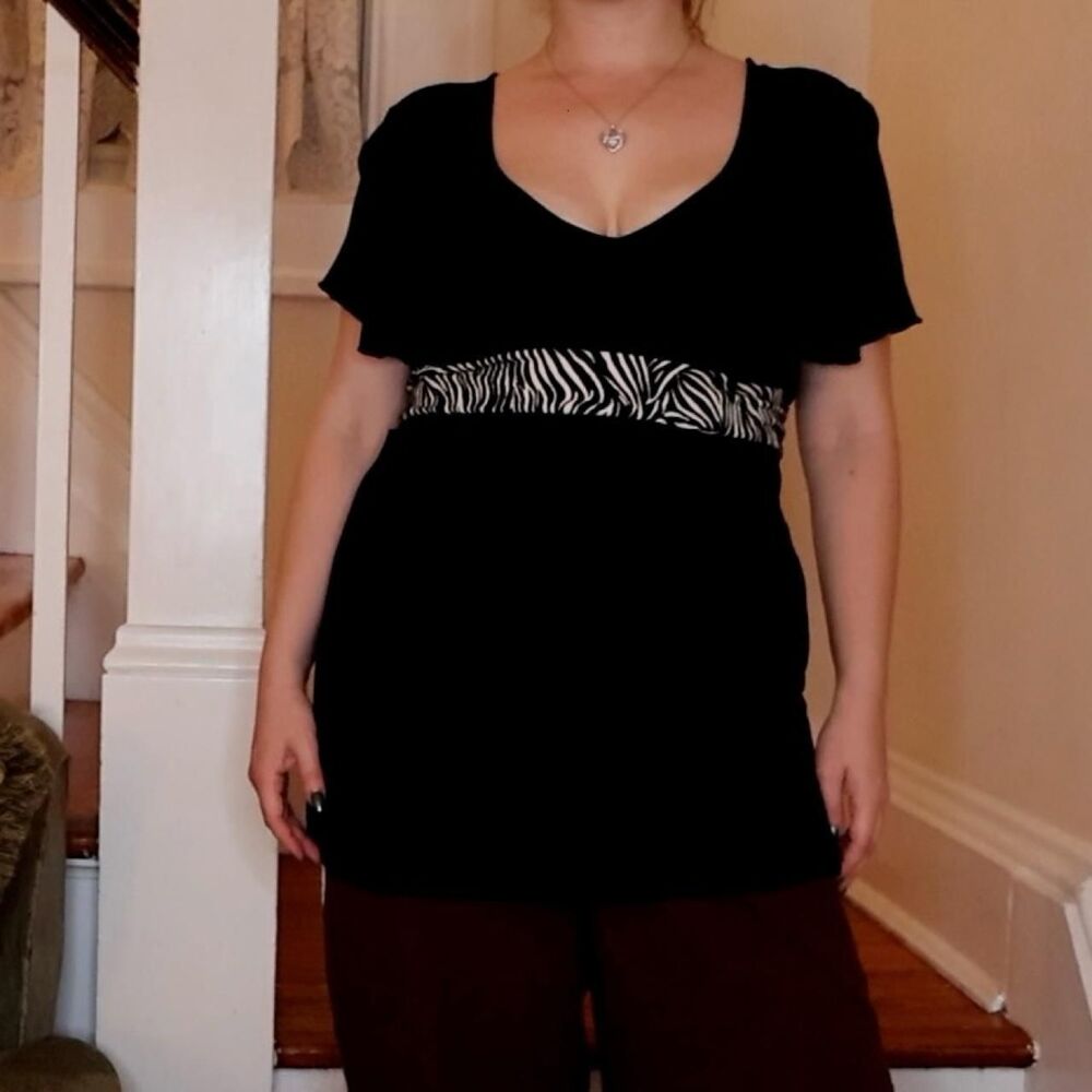 Y2K Babydoll Black Zebra Sash Short Sleeve Top Medium Tunic Belted Scoop V Neck